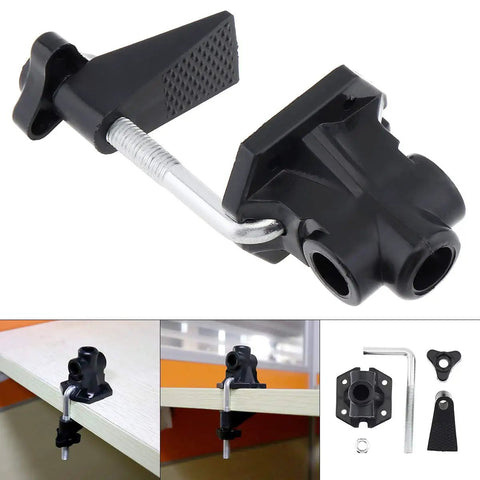 Universal Desk Clamp Mount Bracket for Mic Stands and Table Lamps on desk, showing aluminum alloy construction and 43mm clamping.