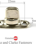 Turn Button Eyelet And Stud Set With One Half Inch Mounting Screws Ten Piece Set In Marine Grade Nickel Plated Brass For Heavy Duty Built To Last On Canvas Upholstery And Outdoor Gear Like Boat Covers Watercraft Seats Bags Tents Awnings And More, front view, with dimensions 22mm by 18mm by 6mm