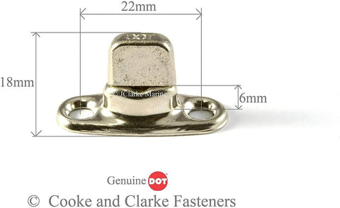 Turn Button Eyelet And Stud Set With One Half Inch Mounting Screws Ten Piece Set In Marine Grade Nickel Plated Brass For Heavy Duty Built To Last On Canvas Upholstery And Outdoor Gear Like Boat Covers Watercraft Seats Bags Tents Awnings And More, front view, with dimensions 22mm by 18mm by 6mm