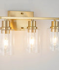 Three Light Sleek Gold Brushed Brass Vanity Light Fixture With Clear Glass Shade For Modern Bath Wall Hallway Bedroom And Living Room Bulbs Not Included