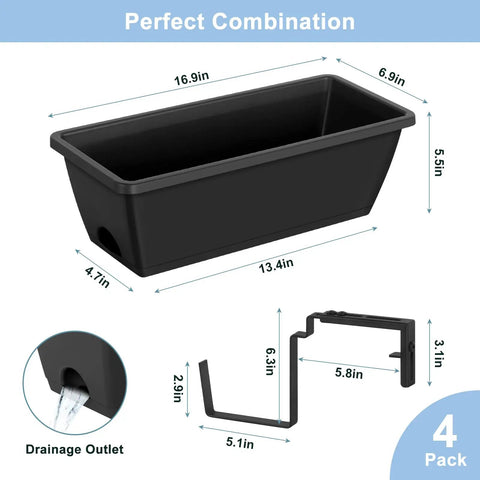 Four Pack Window Box Planters With Easy Install Adjustable Brackets for Porch Deck Railings and Outdoor Hanging Flower Pots