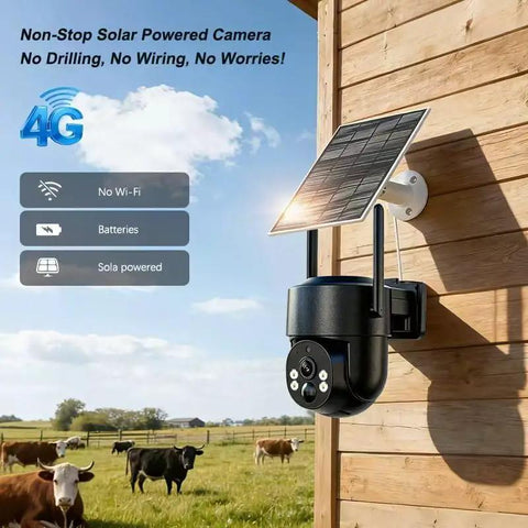 Reliable 4G LTE Solar Security Camera Delivers Crisp 5MP Footage And Vivid Color Night Vision No More WiFi Headaches Featuring Rugged IP65 Build Tailored For Backyards And Off Grid Sites mounted on barn with solar panel and cattle in background.