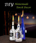 Three wine bottles with Wine Bottle Torch Wick Kit 3 Pack for Outdoor Lighting with DIY torch decor at night.