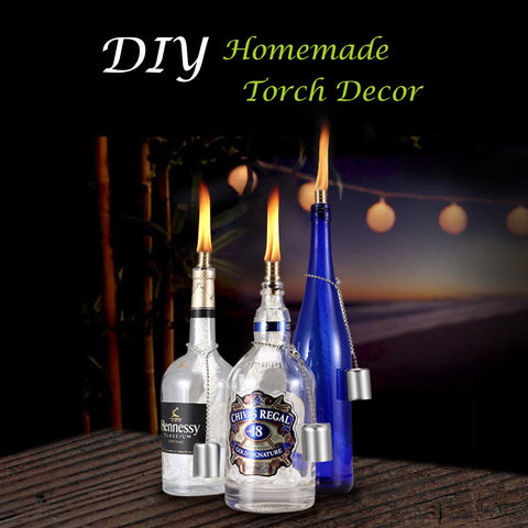 Three wine bottles with Wine Bottle Torch Wick Kit 3 Pack for Outdoor Lighting with DIY torch decor at night.