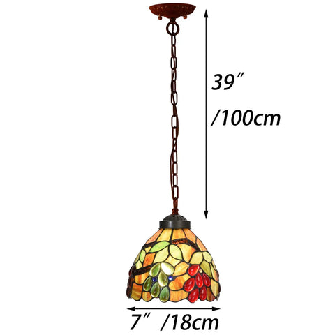 Grape Tiffany Style Stained Glass Ceiling Pendant Light With Seven Inch Lampshade And Bronze Chain, showing full length and proportions
