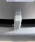 Close-up view of the handle on the Professional Grade Commercial Stainless Steel Reach In Freezer With Three Roomy Solid Doors.