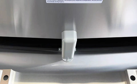 Close-up view of the handle on the Professional Grade Commercial Stainless Steel Reach In Freezer With Three Roomy Solid Doors.