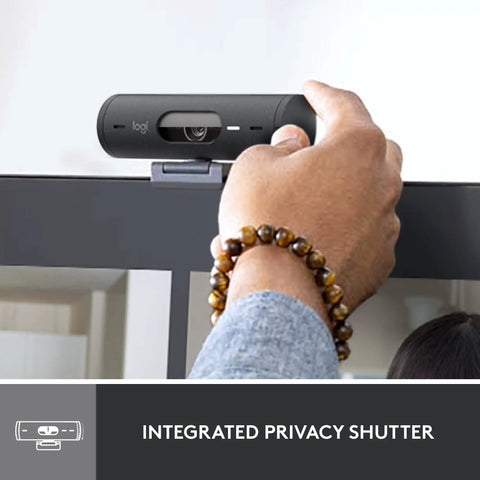 Straight Up 1080P Webcam With Smart Auto Lighting Show Mode Built In Noise Cancelling Mics Privacy Shutter mounted on a monitor.