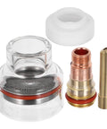 Heavy Duty Wp17 18 26 Tig Torch Glass Nozzle For Smoother Gas Flow And Precision Welding With High Heat Tolerance and strong reliability, showing glass nozzle and copper components.