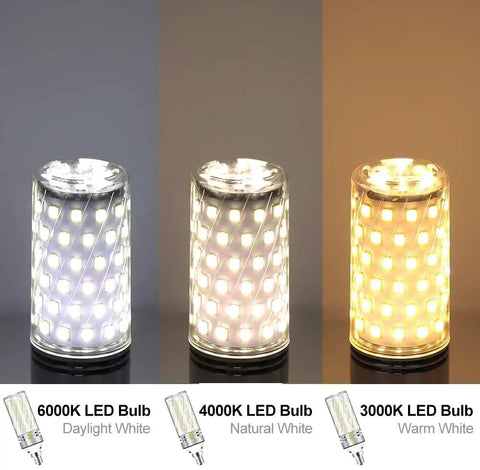 Comparison of 6000K daylight, 4000K natural white, 3000K warm white LED bulbs in various lighting