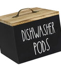 Wooden Dishwasher Pod Caddy With Secure Dustproof Lid, Rustic Farmhouse Countertop Storage Bin For Laundry Room Cleanup, Black Finish.