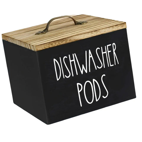 Wooden Dishwasher Pod Caddy With Secure Dustproof Lid, Rustic Farmhouse Countertop Storage Bin For Laundry Room Cleanup, Black Finish.