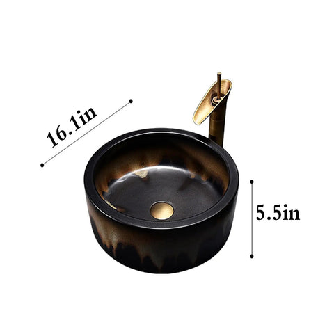 USZWBY Round Bathroom Vessel Sink with Faucet Combo 16.1" Art Wash Basin, black ceramic sink with gold faucet, modern design.