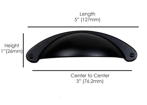 Dope Matte Black Cup Pulls 3 Inch 76.2mm Industrial Farmhouse Cabinet Pulls 25 Pack, showing dimensions and solid metal detail