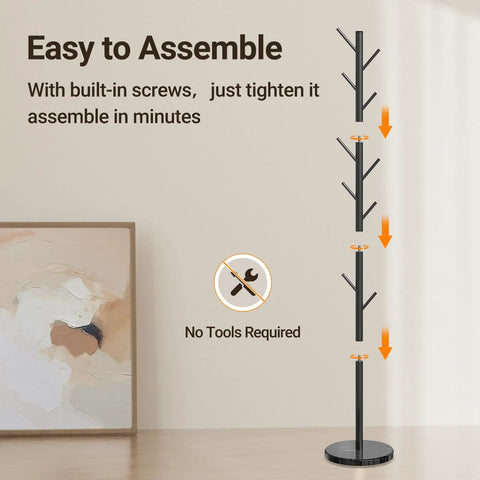 Freestanding Coat Rack With Natural Marble Base And 10 Hooks, 3 Height Adjustable Coat Tree in assembly instructions view.