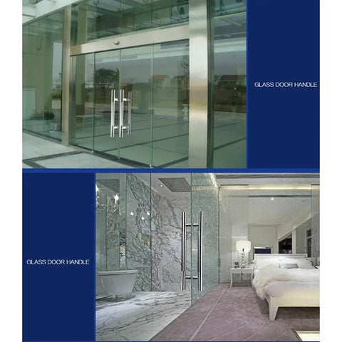 Brushed Stainless Steel Round Tube Door Handle for Glass and Wood Doors in modern indoor and outdoor settings.