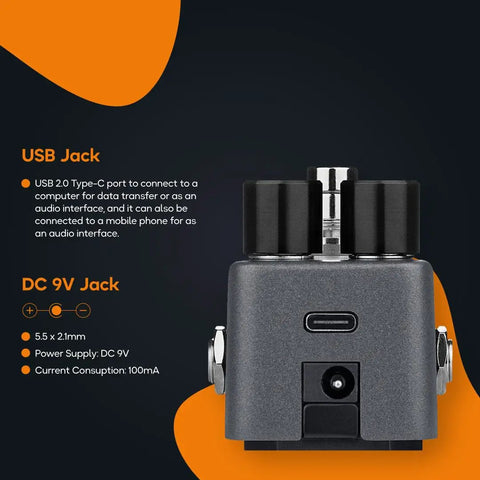 Rear view of Gig Ready Ultra Lightweight Compact Multi Effects Pedal showing USB and DC 9V jacks for audio interface use.