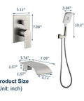 Wall Mounted Bathtub Faucet With Hand Sprayer And Waterfall Spout All In One Tub Shower Set with dimensions in brushed nickel finish
