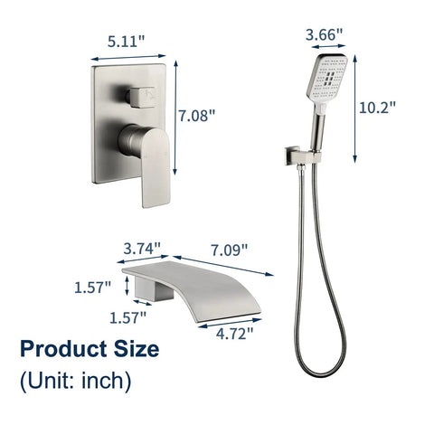 Wall Mounted Bathtub Faucet With Hand Sprayer And Waterfall Spout All In One Tub Shower Set with dimensions in brushed nickel finish