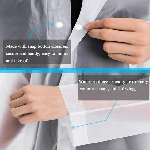 Close-up of hands fastening snap buttons on Two Pack Reusable EVA Rain Ponchos For Adults Stay Dry In Any Downpour Lightweight Waterproof Rain Gear