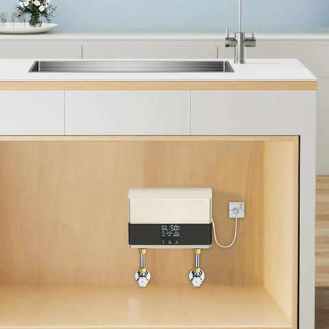 4000W Mini Tankless Water Heater Beats the Cold with Instant Hot Water Delivery mounted under sink in kitchen cabinetry.