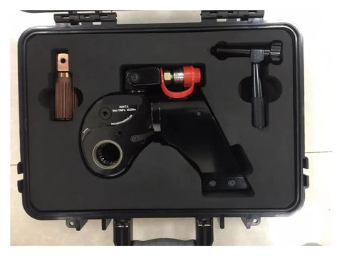 Built Different Hydraulic Torque Wrench Slamming Out A Massive 433 To 4332 Nm Span Through A Rock Solid One Inch Square Drive With Quick Turn Swivel Hose For Cramped Spots in protective case.