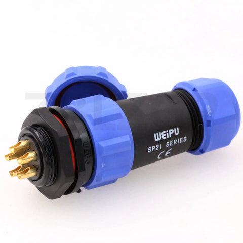SP21 5 Pin IP68 Waterproof Aviation Circular Connector 21mm Panel Mount 30A Plug Socket With Dust Cover For Rugged Industrial Power And Signal Applications, black and blue