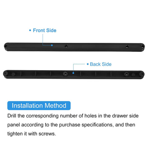 Rock Solid Plastic Drawer Slides Smooth Glide Design With All Included Hardware Side Loaded Grooved Guide Rail Zero Fuss Setup For Cabinet Furniture Bedroom Storage Refresh Black front and back view for installation reference.