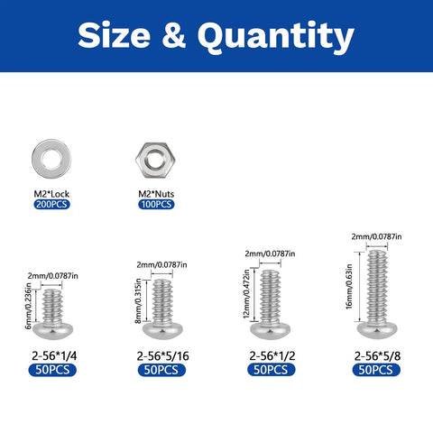 500-Piece Stainless Steel Nuts And Bolts Kit With Flat Washers And Phillips Pan Head Screws, M2 Metric Set In 6mm 8mm 12mm 16mm Lengths
