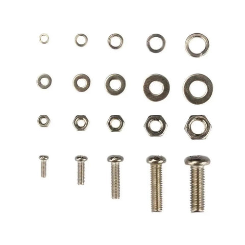 Assortment of screws, nuts, and washers from 320 Piece Metric Alloy Nut And Bolt Assortment Kit With M2 Through M5 Pan Head Screws