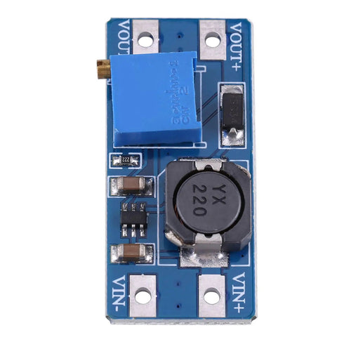 DC To DC Boost Converter Module With Adjustable Output 2V To 28V, 2 Amp High Efficiency Power Supply For Battery Projects And DIY Gadgets, Solar And Camping Gear, Tiny 36 By 17 By 14 Mm. Blue PCB with inductor and trim potentiometer