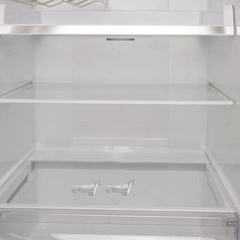 10 Pack Aluminum Freezer Shelf Clips in empty fridge, Sturdy Refrigerator Shelf Hooks visible on bottom shelf
