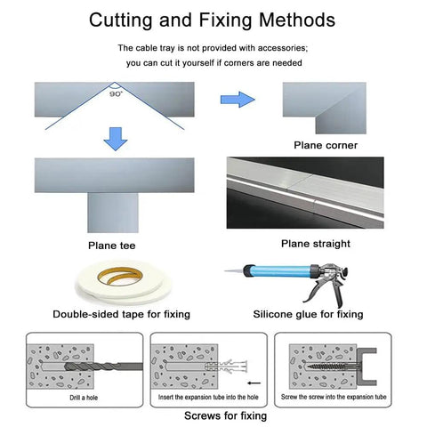 Cutting and fixing methods for stainless steel square cable trunking wire conduit, showing plane shapes and tools.