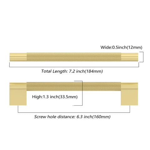 10 Pack 6.3 Inch Brushed Gold Knurled Kitchen Cabinet Handles for Cupboards and Drawers Premium Knob Pulls Durable Metal Hardware Easy Install Sleek Modern Cabinet Pulls, 6.3 inch, 12mm wide