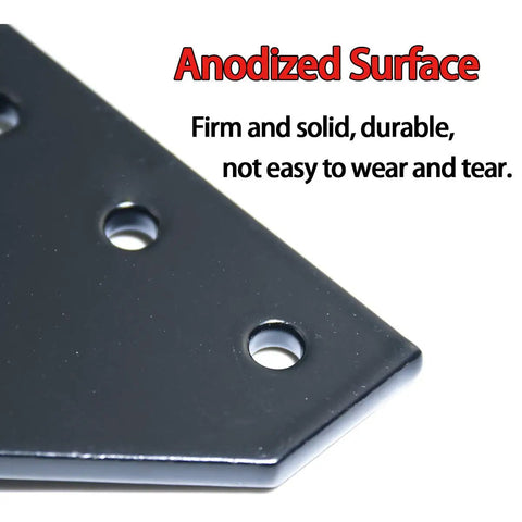 Close-up of Ten Pack 60x60x4mm L Shaped Corner Bracket Plate For 20x20mm Aluminum Extrusion with anodized black finish and five holes.