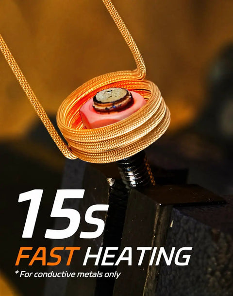 Induction Bolt Heater Kit 1200W 110V With Four Coils heating bolt in metal vise, showing fast heating capability and coil detail