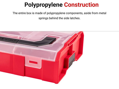 Close-up of polypropylene construction on Black Mini Stacking Tool Box With Dividers 3-Piece Set For Small Parts And Accessories