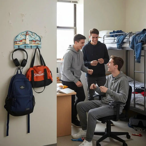 Room with three young men, a bunk bed, and a wall-mounted key holder with hooks holding a backpack and headphones.