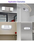 Emergency Lights With Battery Backup 2 Pack, Commercial LED Light Heads on ceilings and walls in various spaces