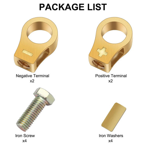 4 Piece Pure Copper Battery Terminal Clips For Top Post Batteries Positive And Negative Cable Connectors package contents
