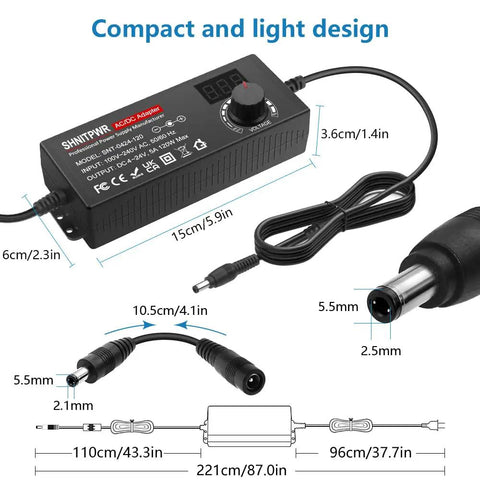 Adjustable 3V to 24V DC Power Supply Adapter With 36W Output 1.5A Max Includes 14 Tips and Polarity Converter, dimensions shown