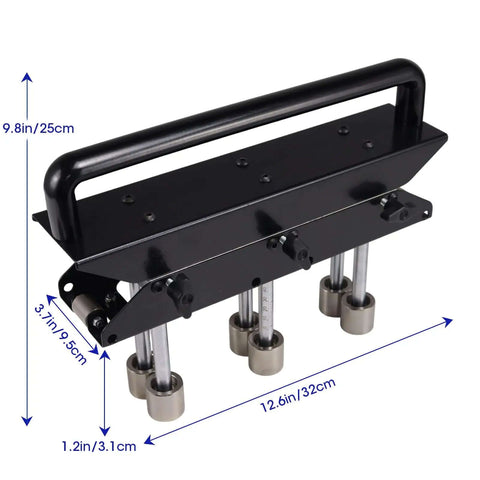 3-Station Edge Roller Bender for Sheet Metal Roofing, black aluminum body, adjustable tool, fits 0.3-0.8mm panels, 10-105mm bends.