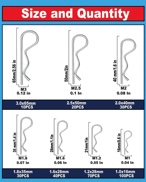 Front view: 7-size stainless cotter pin/R-clip assortment, 300 pcs (3.0x65mm–1.0x16mm)