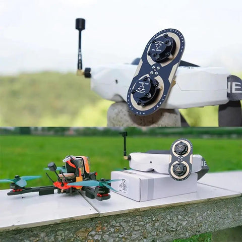 11dBi Circularly Polarized Leaf Antenna for FPV Drones shown on table with drone and box, durable construction visible