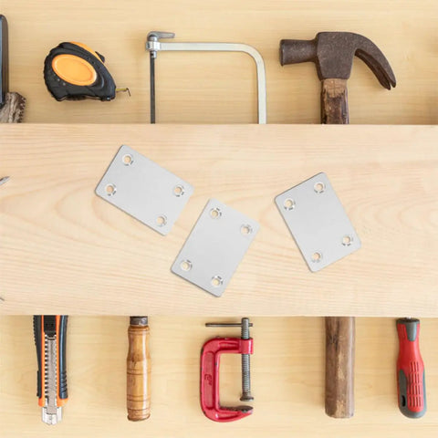 Flat Corner Brackets Set, Stainless Steel 19mm and 42mm Hole Distance, 30 Pack Straight Mending Plates with tools on wooden surface