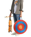 Man holding 20 Inch 5 Layer Traditional Straw Archery Target Hand Made 4 Inch Thick For Outdoor Shooting Practice With Silk Surface