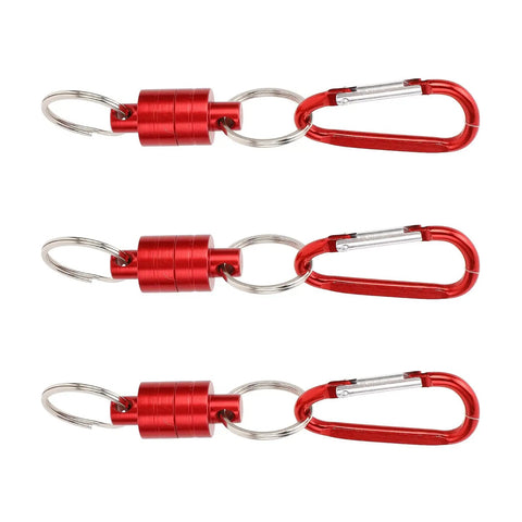 Set of three powerful magnetic keychains with aluminum alloy quick release buckle in red, lightweight portable key holder for easy access to tools, bags, and EDC essentials.