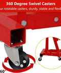 Close-up of 360 degree swivel caster on Sturdy Fold Down Engine Hoist With Long Lever And Six Heavy Duty Casters Two Ton Hydraulic Shop Crane.