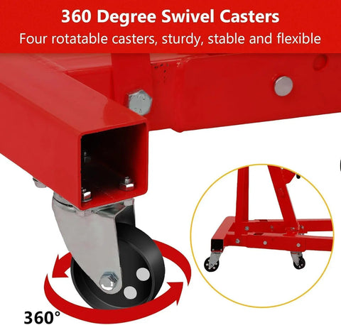 Close-up of 360 degree swivel caster on Sturdy Fold Down Engine Hoist With Long Lever And Six Heavy Duty Casters Two Ton Hydraulic Shop Crane.