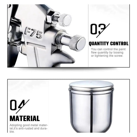 Heavy Duty F-75 Spray Gun With Aluminum Cup And Silver Handle For Car Auto Bodywork Or Furniture Painting Adjustable Nozzle Control close-up of quantity control knobs and metal cup